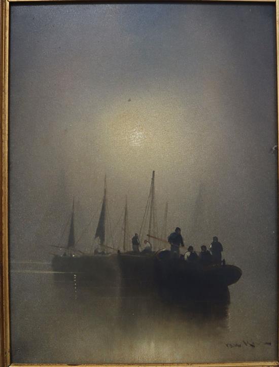 Joachim van Hier, oil on board, Fishing boats under moonlight, signed, 30 x 22cm